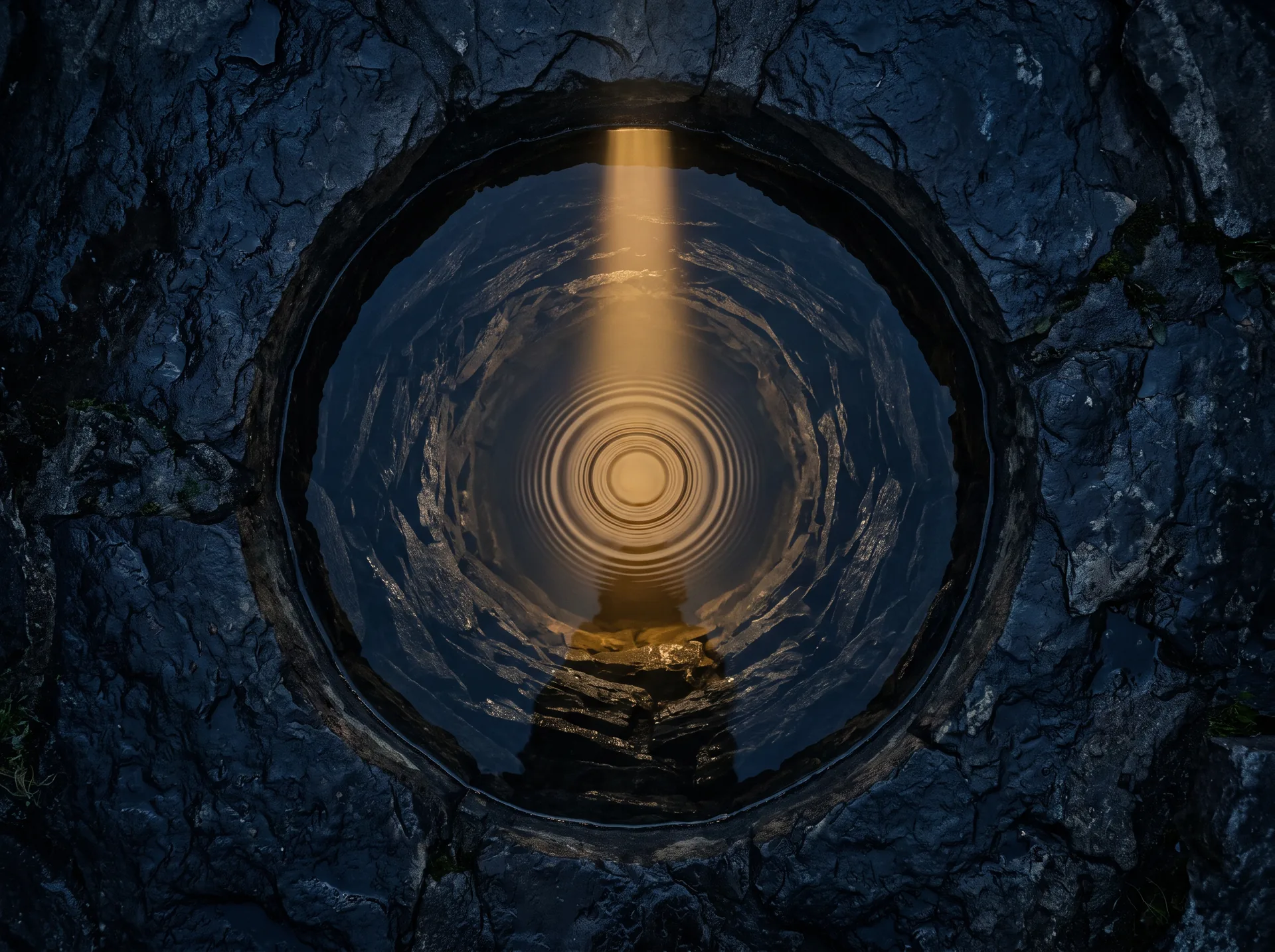 Un pozo de agua clara iluminado desde arriba por una luz ámbar
